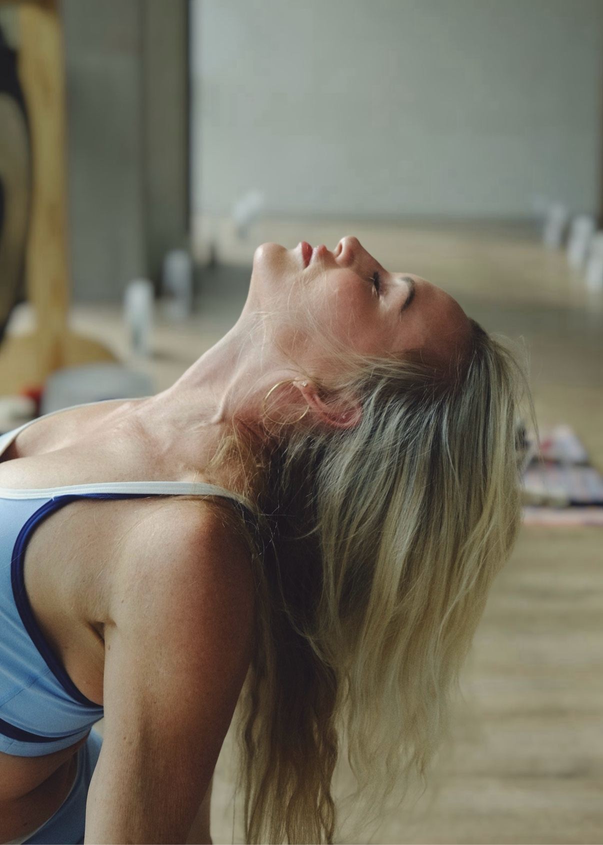 Close portrait of Sally in a backbend