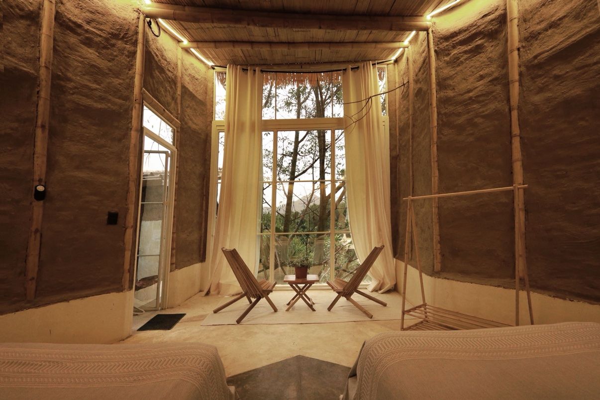 Tipi sitting area with tall windows